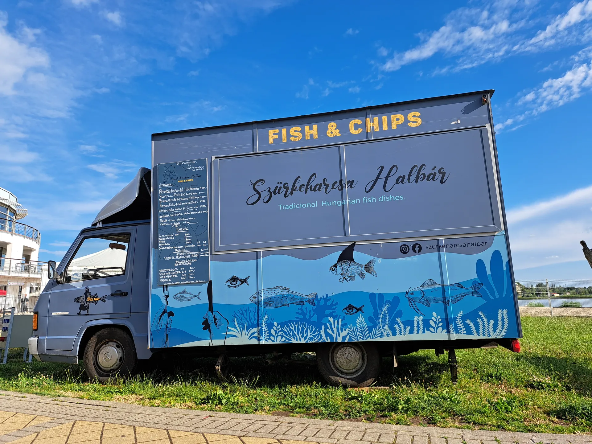 A Szürkeharcsa Halbár food truckja napsütésben a Velencei-tó partján